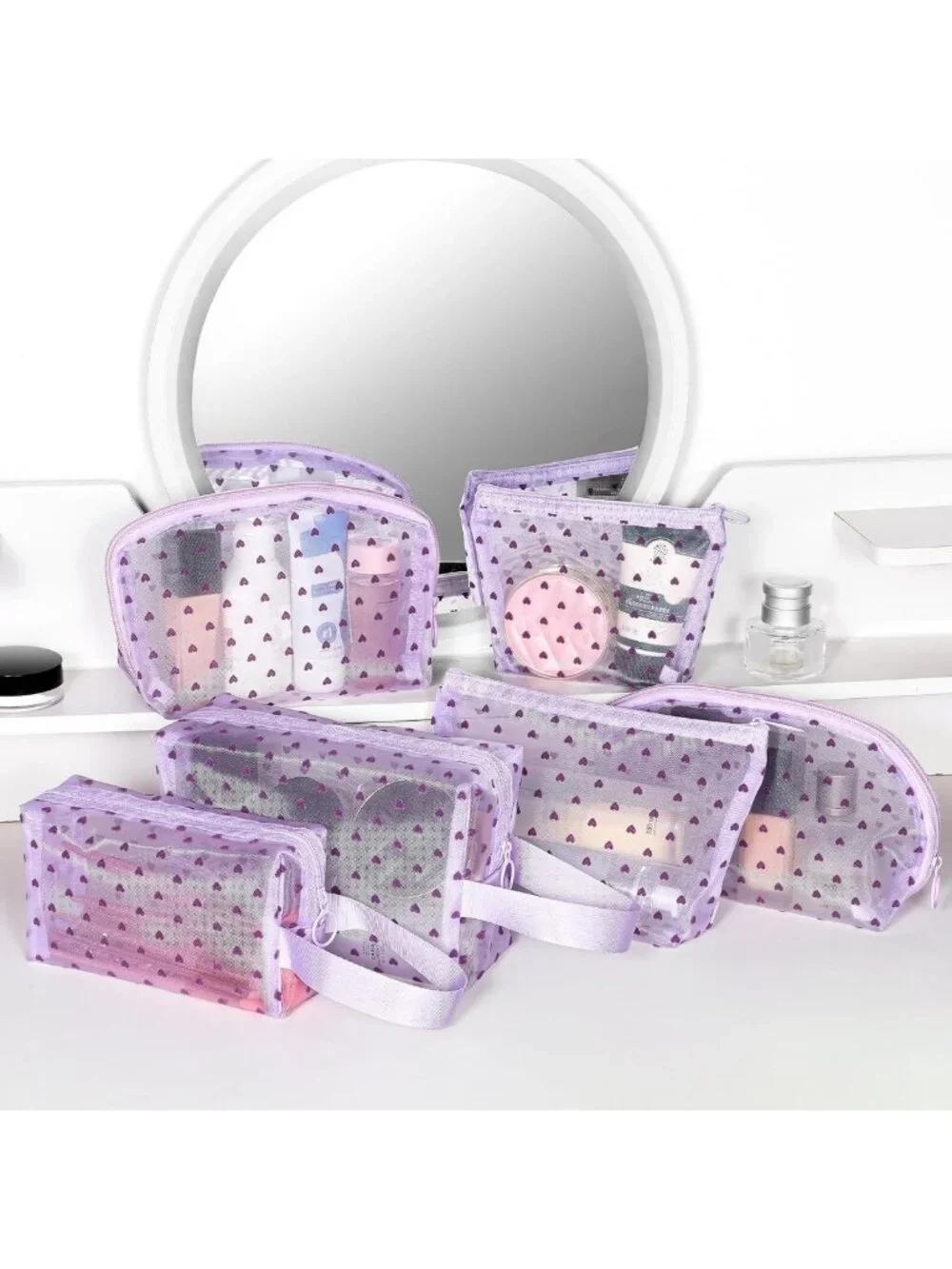 6-Piece Zipper Mesh Makeup Bag Set - Portable Clear Cosmetic & Toiletry